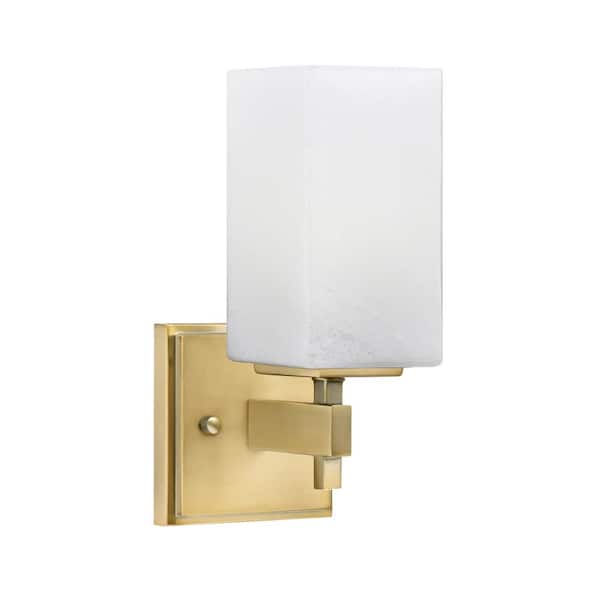 Unbranded Bridgewater 1 Light New Age Brass Wall Sconce with 3.5 in. Square White Marble Glass Shade, No Bulbs Included