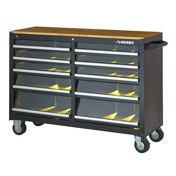 Husky 52.25 in. 10-Drawer Clear View Mobile Workbench with LED Lighting and Solid Wood Top, Black