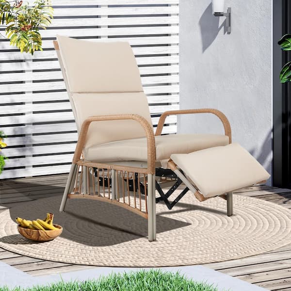 UPHA Wicker Adjustable Patio Outdoor Recliner Chair Lounge Chair with Beige Cushions