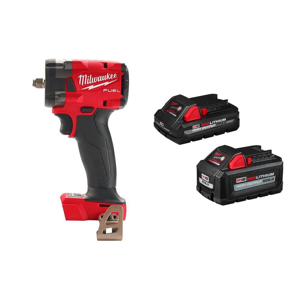 MILWAUKEE M18 FUEL GEN-3 18V Lithium-Ion Brushless Cordless 3/8 in. Compact Impact Wrench w/ 6Ah & 3Ah High Output Battery Pack (2854-20-48-11)
