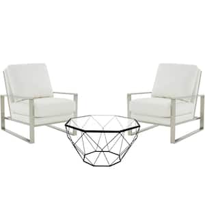 Jefferson Modern 3-Piece Leather Arm Chairs with Silver Frame and Octagonal Coffee Table Set, White