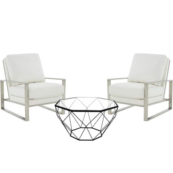 Leisuremod Jefferson Modern 3-Piece Leather Arm Chairs with Silver Frame and Octagonal Coffee Table Set, White