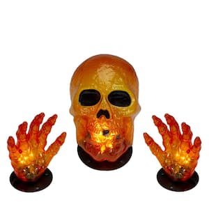 8 .5'' Lighted Orange Skull and Hands Outdoor Halloween Decoration; Black Wire