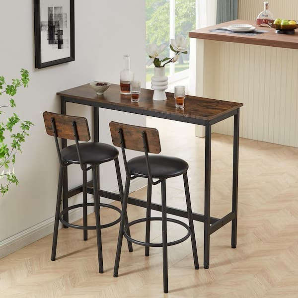 Brown 35.4 in. H Dining Set with Wooden Top Table and 2 Stools