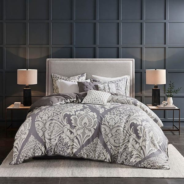 Madison Park Marcella 6-Piece Grey Damask Cotton Full/Queen Printed Duvet Cover Set