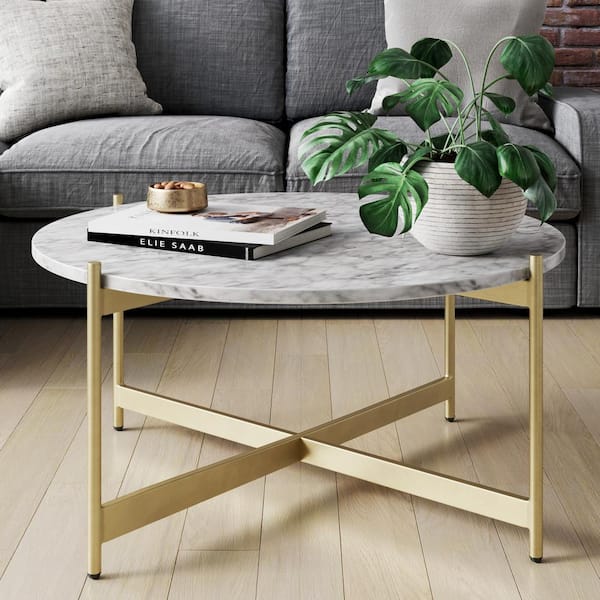 Nathan James Piper 36 in. White/Gold Medium Round Faux Marble Coffee Table