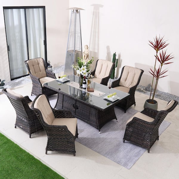 Nadya 7-Piece Brown Wicker Aluminum Outdoor Fire Pit Dining Set with Beige Cushions