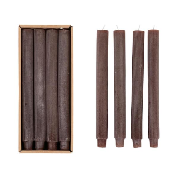 10 in. Brown Leather Unscented Pleated Taper Candles in Box (Set of 12)
