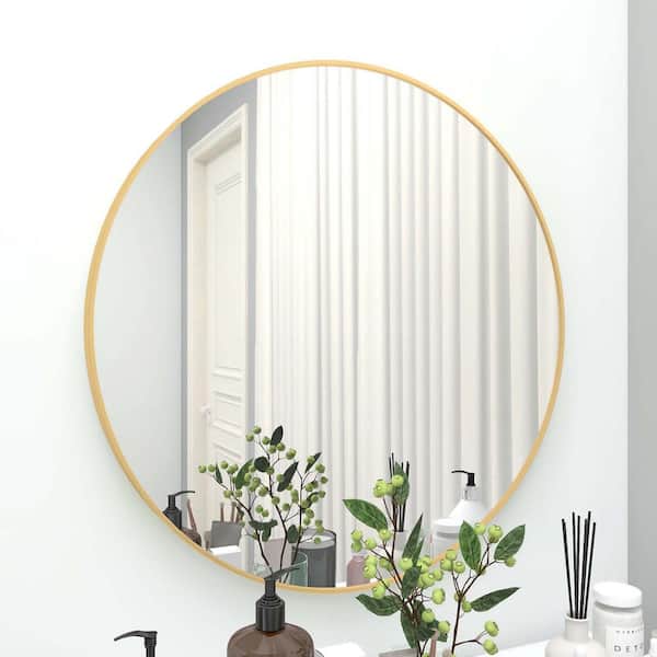 Whatseaso 28 in. W x 28 in. H Medium Round Steel Framed Wall Bathroom Vanity Mirror in Gold