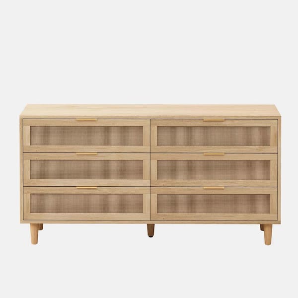 Natural 29.53 in. 6-Drawers Rattan Storage Cabinet with White Drawer Slides