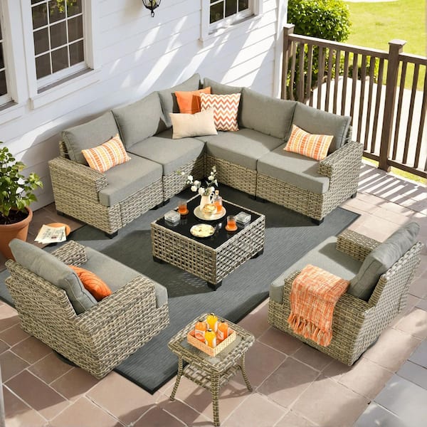 XIZZI Riant 9 Pieces Wicker Patio Conversation Seating Sofa Set with Dark Gray Cushions and Swivel Rocking Chairs
