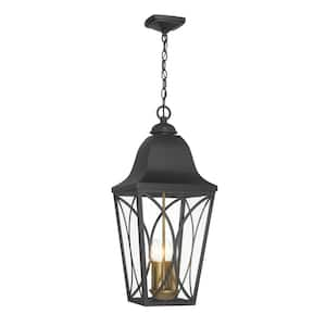 Cardigan 26.5 in. 4-Light Sand Black and Olden Brass Dimmable Indoor/Outdoor Pendant Light with No Bulbs Included