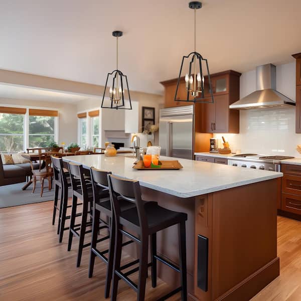 Industrial 4-Light Black Pendant Light Fixtures, Brass Pendant Hanging Light, Farmhouse Chandelier for Kitchen Island