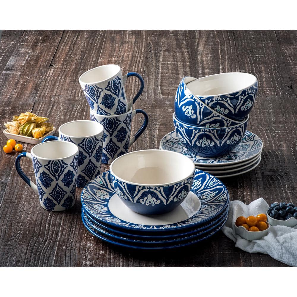16-Piece White and Blue Ceramic Dinnerware Set