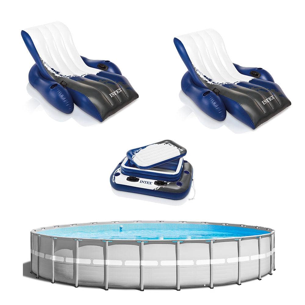 INTEX 26 ft. L x 26 ft. W x 52 in. H Round Above Ground Swimming Pool with 2 Inflatable Loungers and Floating Cooler, Gray -  141971
