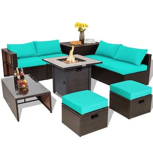 9-Piece Space-Saving Wicker Patio Conversation Set with Propane Fire Pit Table & Storage Box & Turquoise Cushions