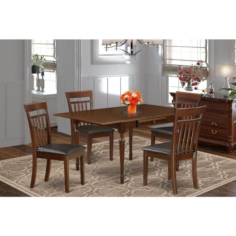 5-Piece Mahogany Finish Solid Wood Top - Rectangular Dining Room Set with Dropleaf - Seats 4