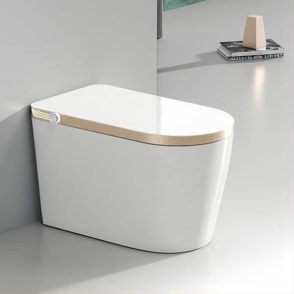 Polibi 1-Piece Luxury Smart 1.32 GPF Auto Single Flush Round Toilet in White with Remote Control and Heated Seat, Golden