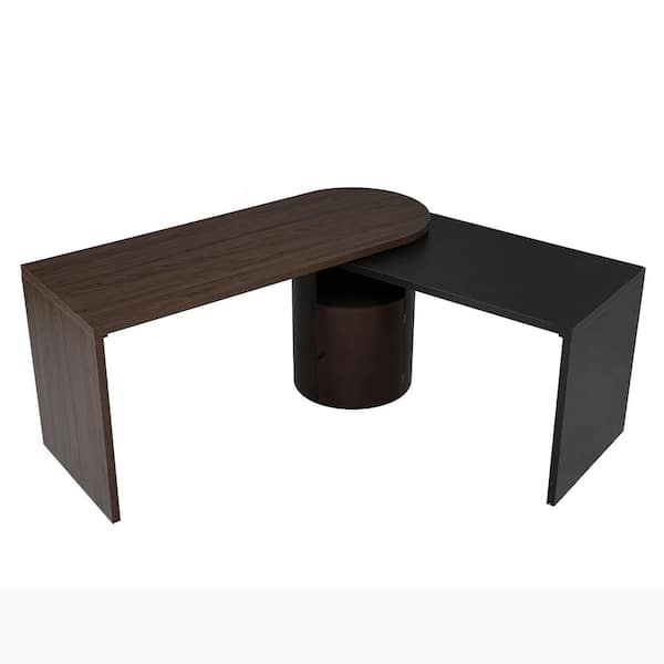 Unbranded 88.89 in. L Shaped Walnut Desk, 360° Wood Rotating Desk, Executive Office Desk, Corner Desk