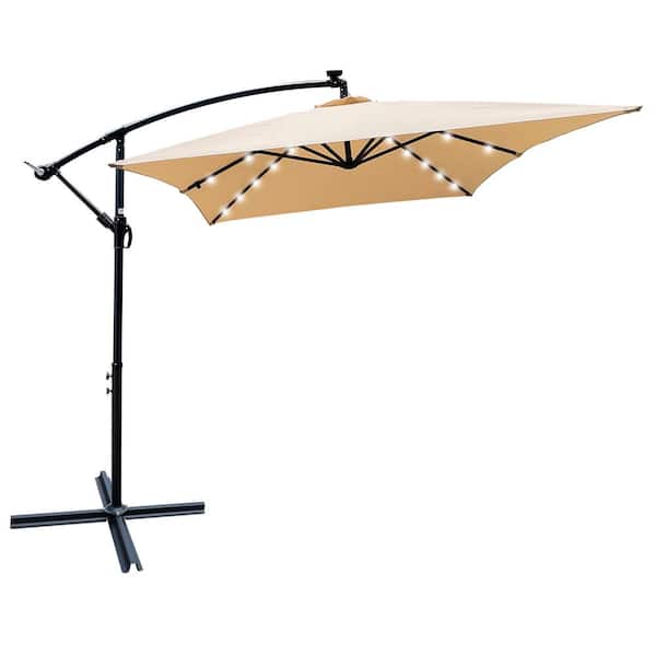GAWEZA 10 ft. x 6.5 ft. Steel Cantilever Solar Patio Umbrella in Tan Offset Umbrella with 26 Solar LED Lights and Cross Base