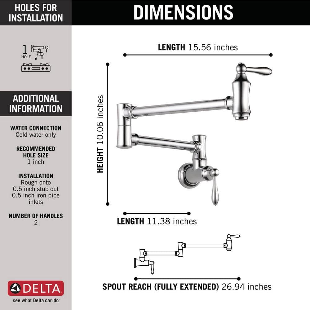 Chrome Wall-Mounted Traditional Pot Filler Faucet with Dual Handles