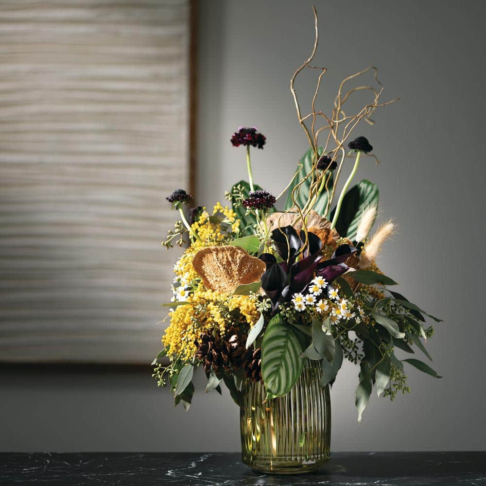 Green Ribbed Glass Vase for Table Centerpieces