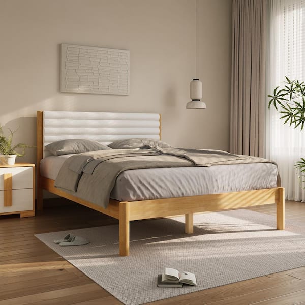Brown Upholstered Rolls with Natural Rubber Wood Frame Queen Platform Bed