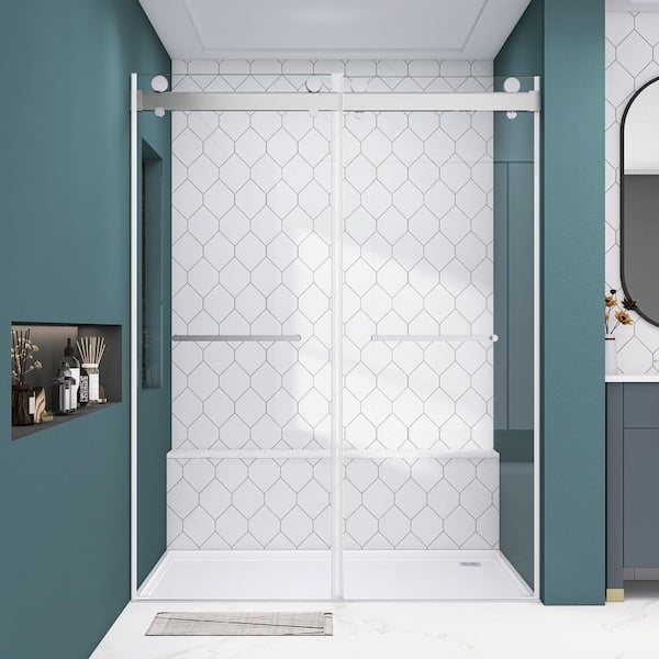 Zeafive 72 in. W x 79 in. H Soft Close Double Sliding Alcove Frameless Glass Shower Door Brushed Nickel 3/8 in. Tempered Glass