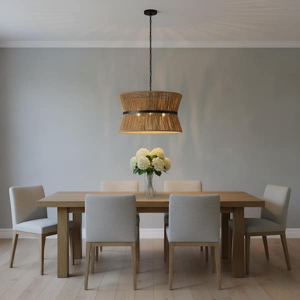 Thurlo 24.25 in. W x 15 in. H 3-Light Midnight Black Transitional Pendant Light with Natural Abaca Rope Steel Shade