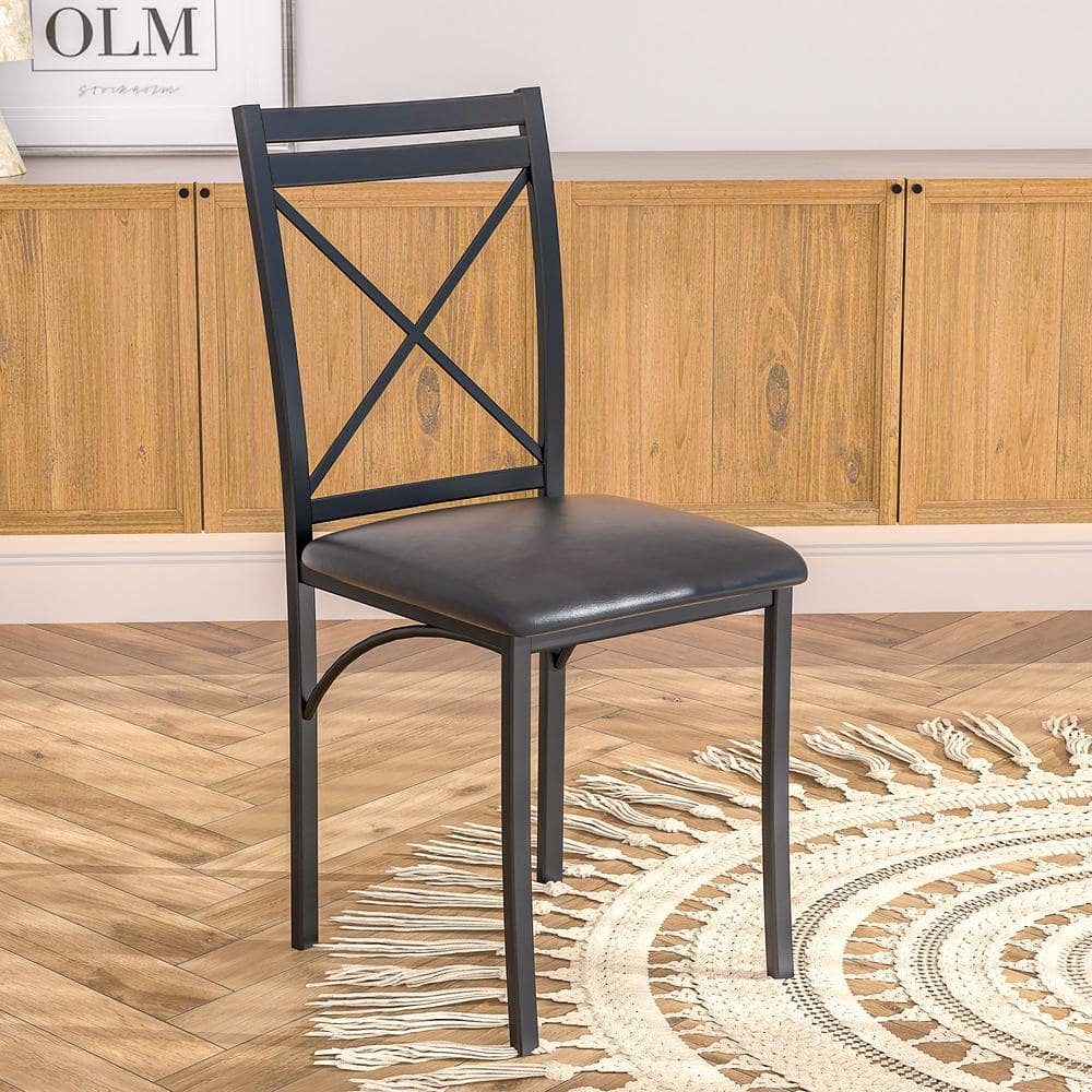 Black Faux Leather High Back Cross Metal Dining Chairs Set of 4