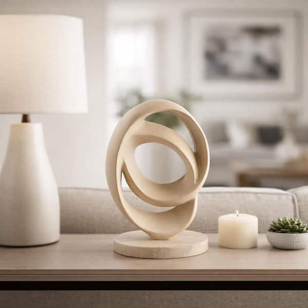 Beige 10.5 in. x 14 in. Ceramic Interlocking Ring Sculpture with Marble Base