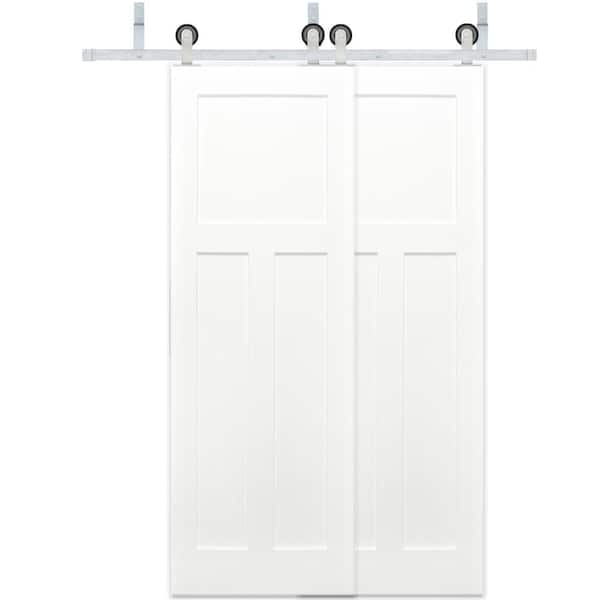 Pacific Entries 48 in. x 80 in. Bypass 3-Panel Solid Core Primed Pine Wood Sliding Barn Door with Satin Nickel Hardware Kit