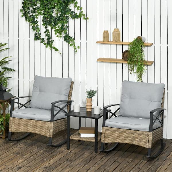 COOLSHARK PE Wicker Outdoor Rocking Chair with 2 Tier Coffee Table 2 Gray Cushion Patio Conversation Sets (3 Piece)