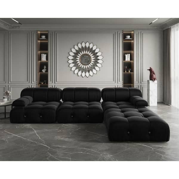 103.8 in. Square Arm Velvet 4-Piece L Shaped Modular Free Combination Sectional Sofa with Ottoman in. Black