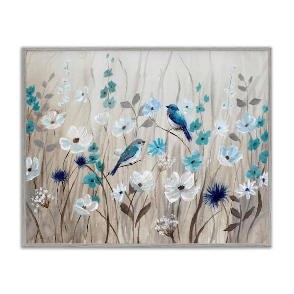 Birds Floral Meadow Blossoms by Nan 1-Piece Gray Framed Nature Giclee Art Print 16 in. x 20 in.