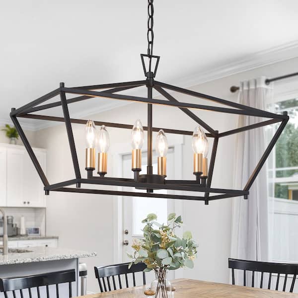 LNC Modern Chandelier Black 6-Light Linear Cage Island High Ceiling Light with Gold Candlestick for Kitchen, Living Room