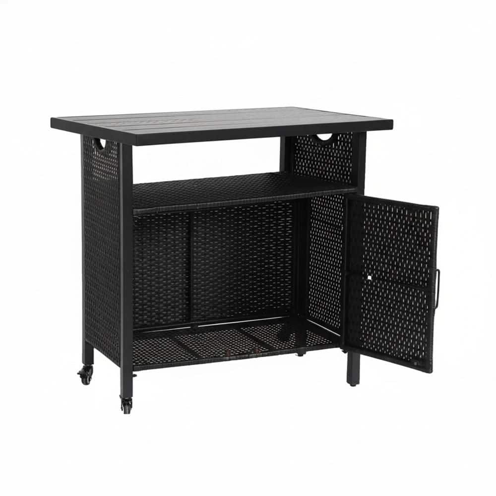 Patio Outdoor Wicker Metal 35.5 x 19.7 x 35.5 in. Rolling Kitchen Cabinet Cart with Bar Table Black Indoor Storage price history on PriceWatchPro