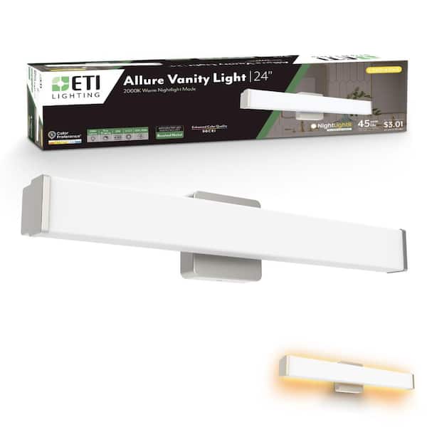 ALLURE 24 in. 1-Light Brushed Nickel LED Vanity Light Fixture with Night Light, Selectable CCT 2700K-5000K, 2000 Lumens