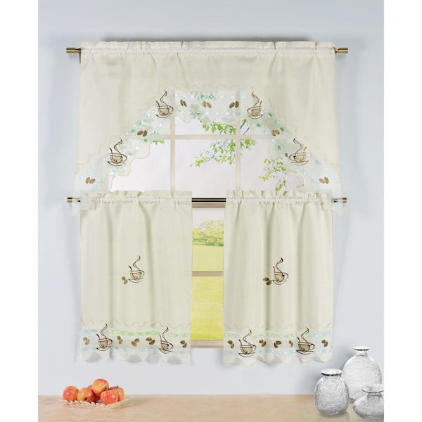 Window Elements Semi-Opaque Coffee Talk Embroidered 3-Piece Kitchen Curtain Tier and Valance Set