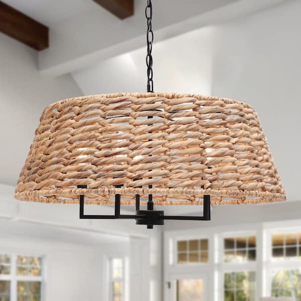 Farmhouse 5-Light Matte Black Island Drum Chandelier Rustic Candle Chandelier with Rattan Shade for Coastal Living Room