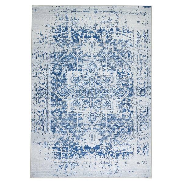 Himalayas Navy Creme 4 ft. x 6 ft. Machine Washable Modern Floral Abstract Polyester Non-Slip Backing Area Rug