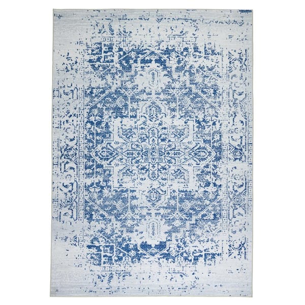 Himalayas Navy Creme 5 ft. 4 in. x 8 ft. Machine Washable Modern Floral Abstract Polyester Non-Slip Backing Area Rug