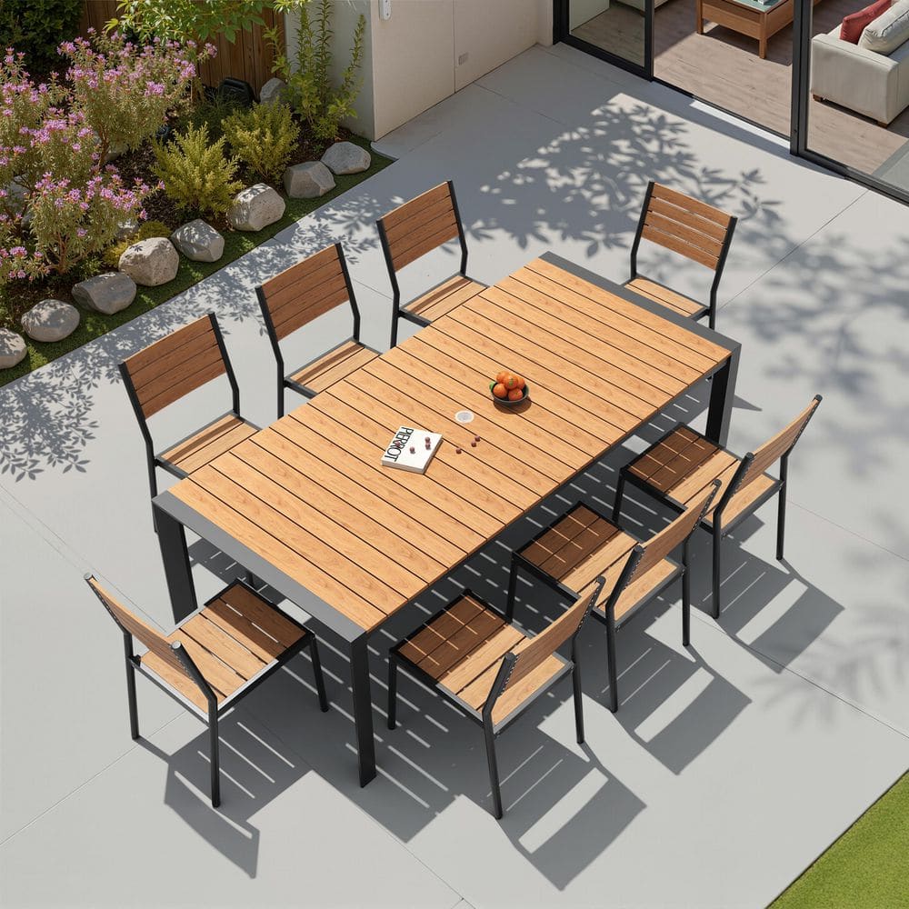 9pcs Powder Coated Aluminum Outdoor Patio Dining Set WPC Board Stackable Chair Brown Table with Stable Leg For Patio price history on PriceWatchPro