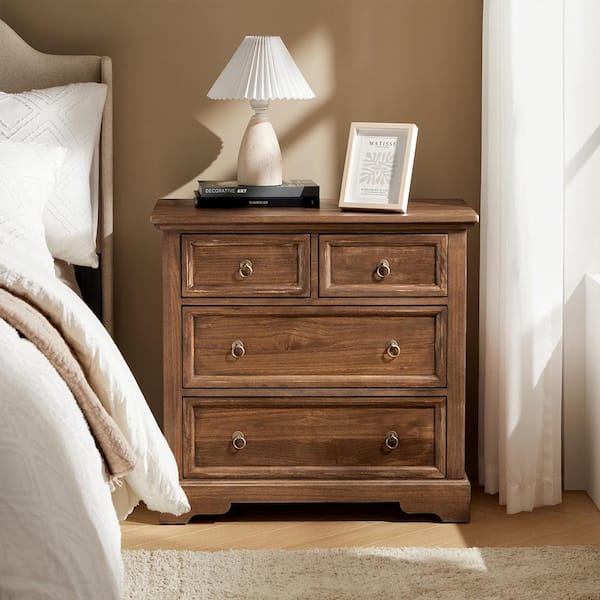 Ofelia Walnut 28 in. W 4-Drawer Solid Wood Nightstand with Built-in Power Outlets and USB Ports