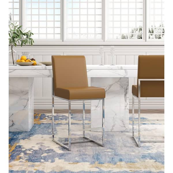 Element 24.8 in. Camel and Polished Chrome Metal Counter Stool with Faux Leather Upholstered Seat
