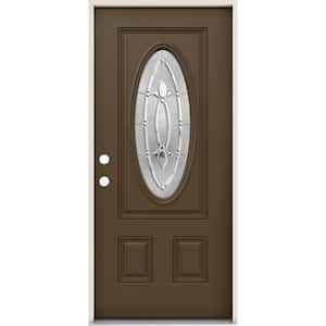 36 in. x 80 in. Right-Hand 3/4 Oval Blakely Glass Chocolate Paint Fiberglass Prehung Front Door w/Rot Resistant Frame