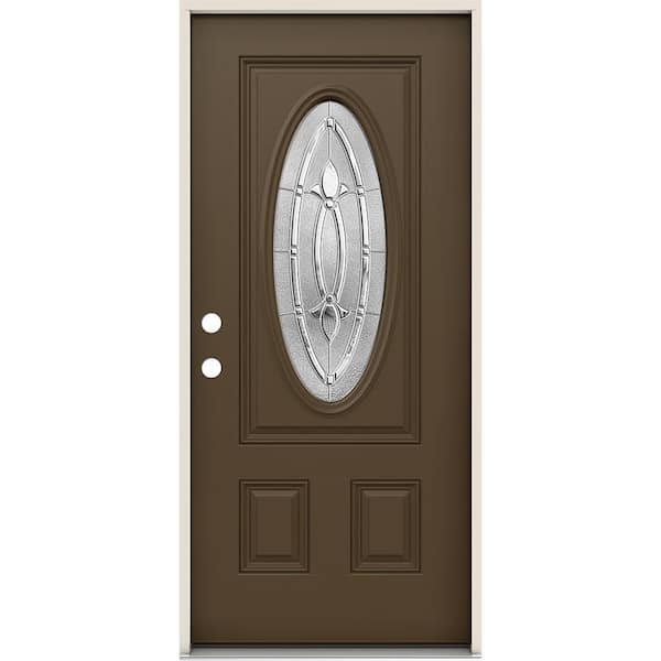 JELD-WEN 36 in. x 80 in. Right-Hand 3/4 Oval Blakely Glass Chocolate Paint Fiberglass Prehung Front Door w/Rot Resistant Frame