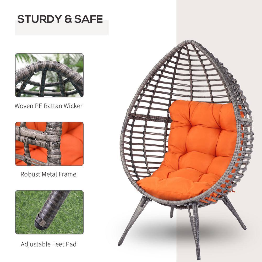 Gray Wicker Teardrop Chair with Orange Cushions