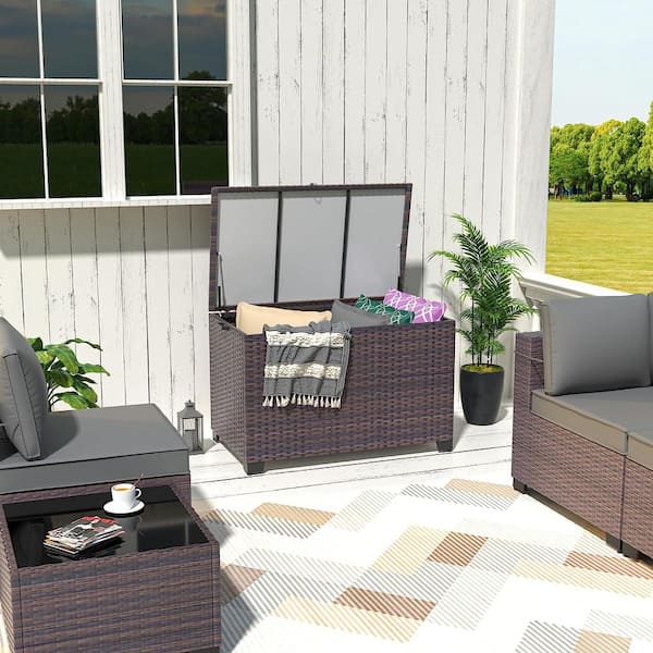 175 gal. Multibrown Wicker Outdoor Ottoman with Storage, Patio Deck Box