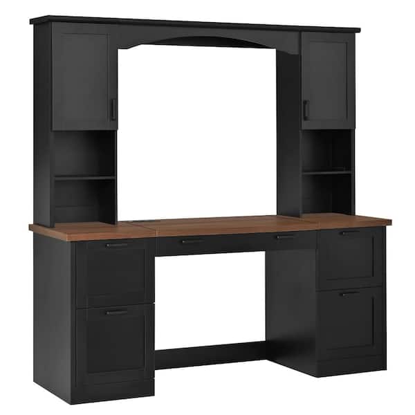 Black Computer Desk with Hutch,Home Workstation with Charging Station & Keyboard Tray,Writing Desk with File Drawer